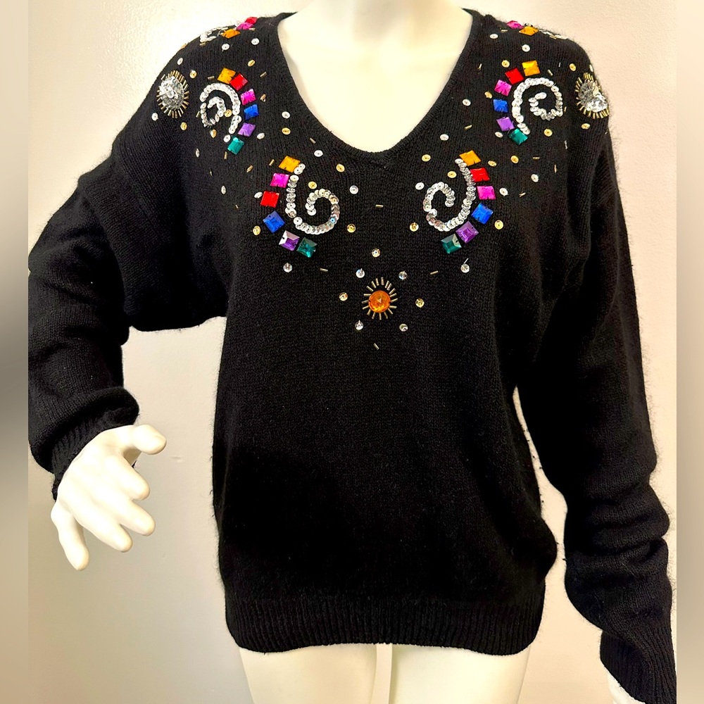 Fun Vintage Sequin Beaded V Neck Sweater Size Small